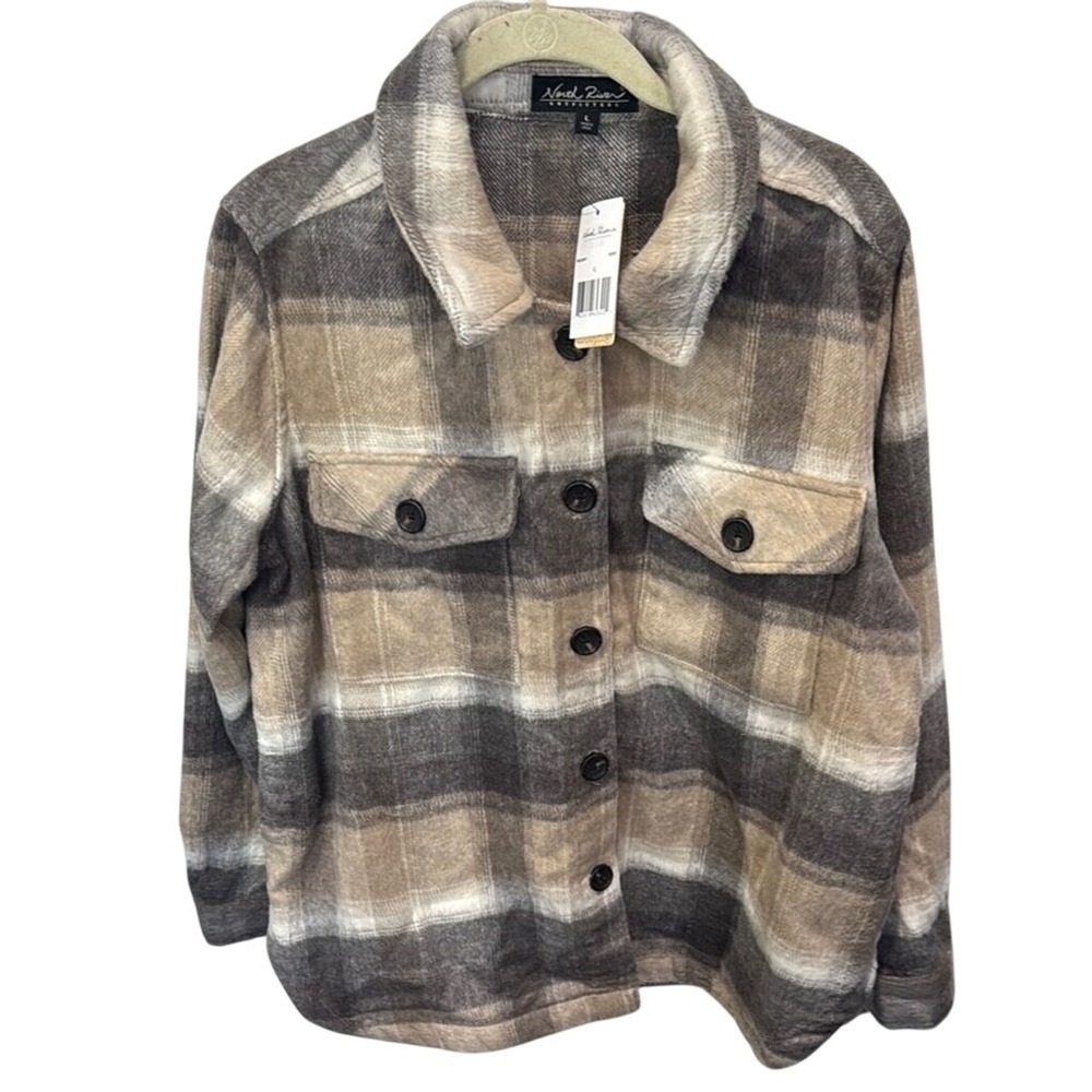 North River Outfitters Plaid Flannel Shirt Jacket‎ Shacket Brown Beige Large L